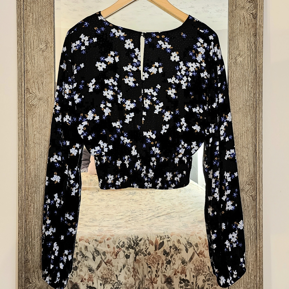 Dynamite Black Blouse with White and Blue Floral Design - Picture 2 of 6